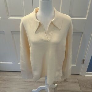 NWT English Factory Elle V NECK Ivory Ribbed Collared Knit Top/Sweater Sz L
